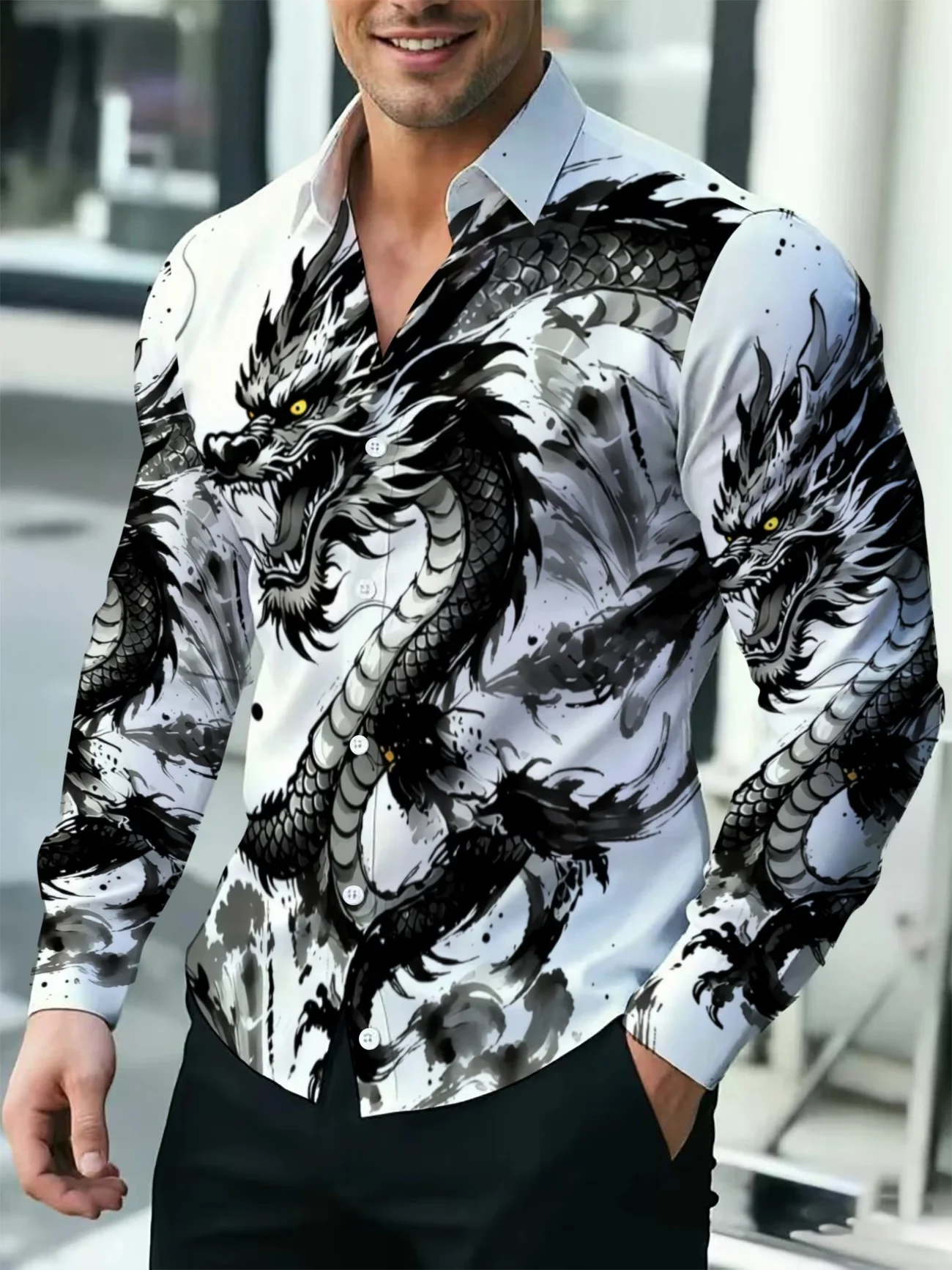 New Chinese style ink dragon pattern 3D printed men's long sleeved shirt slim fit business casual shirt clothing
New Chinese style ink dragon pattern 3D printed men's long sleeved shirt slim fit business casual shirt clothing