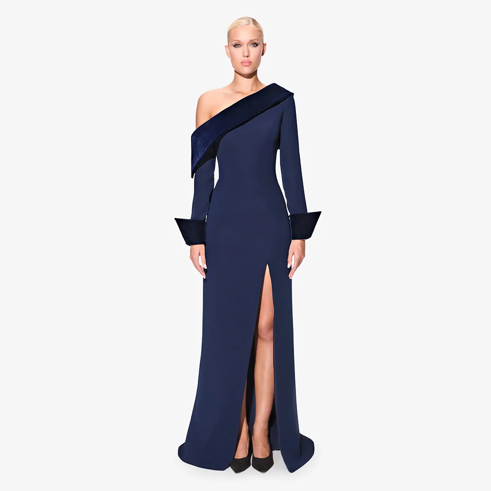 Elegant Evening Dress One Shoulder Side Split Long Sleeves Simple Evening Gowns for Women Column Navy Blue Formal Party Dresses
Elegant Evening Dress One Shoulder Side Split Long Sleeves Simple Evening Gowns for Women Column Navy Blue Formal Party Dresses