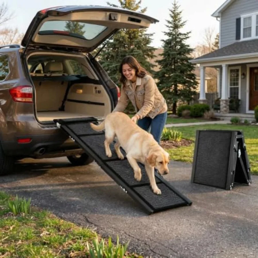 Outdoor dog ramp for SUV truck: 63 in long, 20 in wide, folding, non-slip surface, portable, supports up to 250 lbs, black
Outdoor dog ramp for SUV truck: 63 in long, 20 in wide, folding, non-slip surface, portable, supports up to 250 lbs, black