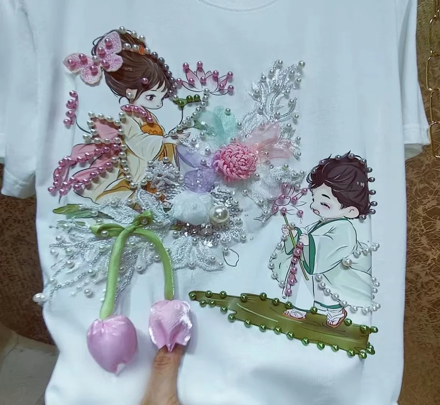 3D Flowers Beaded Stitch Short Sleeve Cotton Tshirt For Women Vintage Loose Casual T-shirt Girls Ladies Tops Tees White
3D Flowers Beaded Stitch Short Sleeve Cotton Tshirt For Women Vintage Loose Casual T-shirt Girls Ladies Tops Tees White