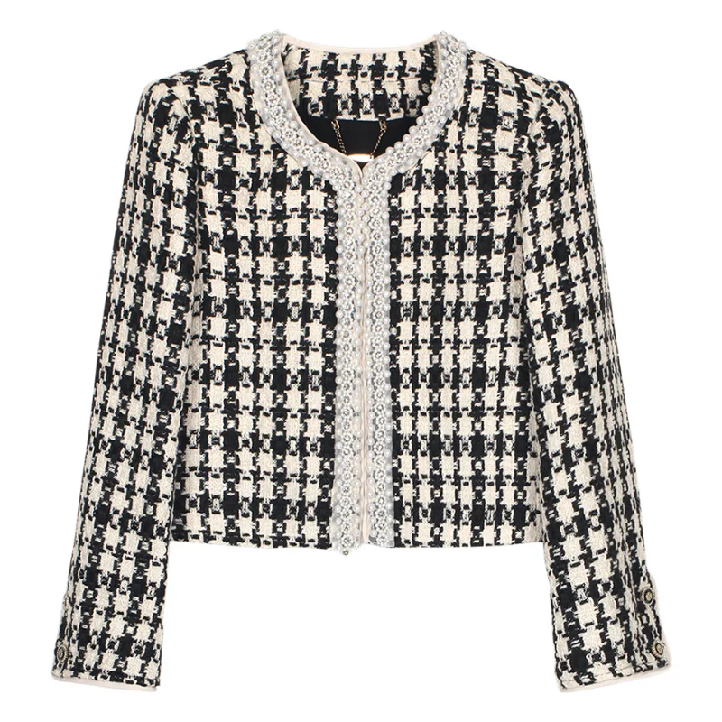 High Quality O Neck Beaded Tweed Sweet Vintage Short Jacket Fashion Classic Houndstooth Hook Buckle Fragrance French Coat Woman
High Quality O Neck Beaded Tweed Sweet Vintage Short Jacket Fashion Classic Houndstooth Hook Buckle Fragrance French Coat Woman