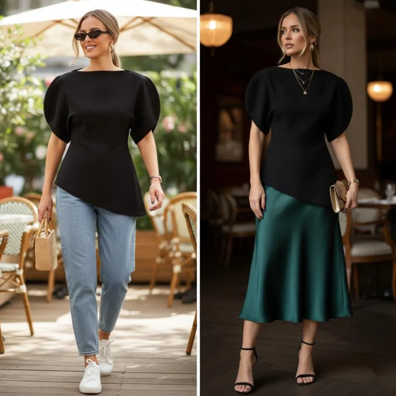 Women's Black Puff Sleeve Blouse Cinched Waist Irregular Hem Top Short Sleeve Office Lady Shirt Summer Elegant Chic Daily Wear
Women's Black Puff Sleeve Blouse Cinched Waist Irregular Hem Top Short Sleeve Office Lady Shirt Summer Elegant Chic Daily Wear