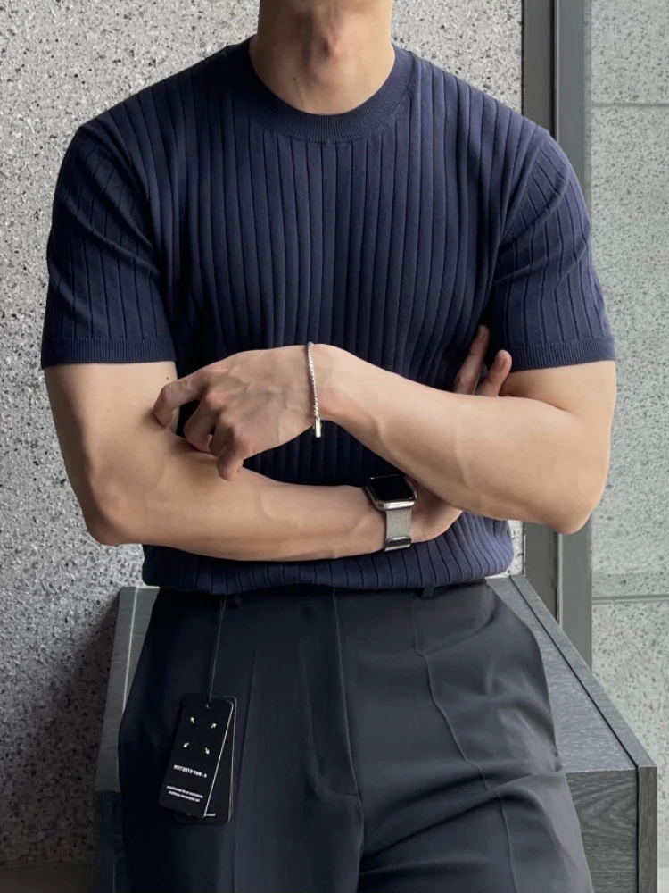 Summer Thin Knitted Short Sleeve Men's round Neck Loose Casual Stripe T-Shirt Polyester Fiber Elastic Half Sleeve Basic Fit
Summer Thin Knitted Short Sleeve Men's round Neck Loose Casual Stripe T-Shirt Polyester Fiber Elastic Half Sleeve Basic Fit