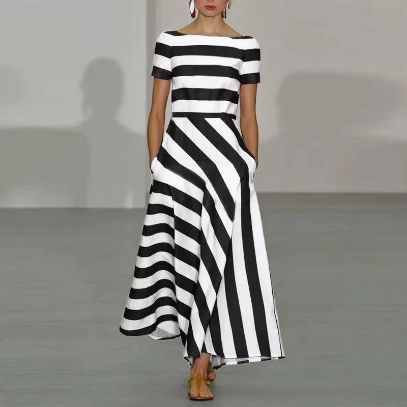LIBIELIY Casual Pocket Commuter Maxi Dress Elegant Slash Neck Short Sleeve Long Dress Women Fashion Striped Print Waist Slim Pa
LIBIELIY Casual Pocket Commuter Maxi Dress Elegant Slash Neck Short Sleeve Long Dress Women Fashion Striped Print Waist Slim Pa