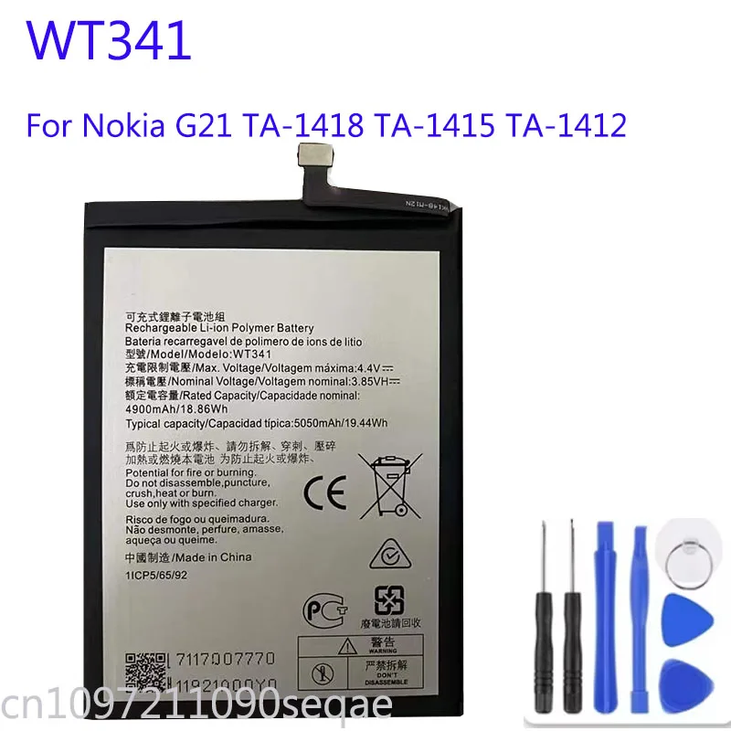 WT341 5050mAh Original Replacement Battery For Nokia G21 TA-1418 TA-1415 TA-1412 Mobile Phone Bateria + Tools
WT341 5050mAh Original Replacement Battery For Nokia G21 TA-1418 TA-1415 TA-1412 Mobile Phone Bateria + Tools