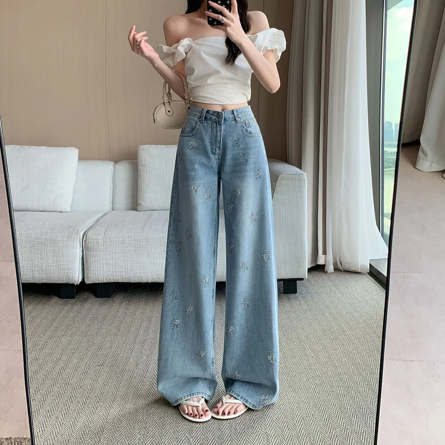 Retro American Star Washed Rhinestone Denim Pants Women Summer New High Waist Loose Wide Leg Long Trousers
Retro American Star Washed Rhinestone Denim Pants Women Summer New High Waist Loose Wide Leg Long Trousers