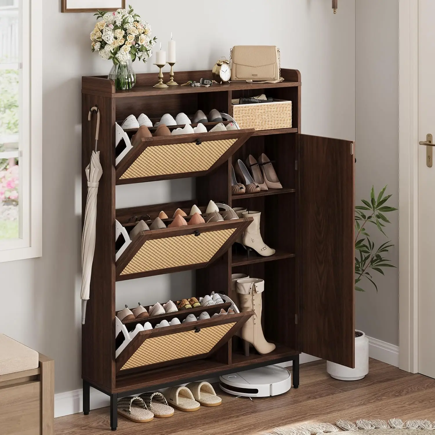 Rattan Shoe Storage Cabinet with 3 Flip Drawers and 4 Tiers, Freestanding Organizer Featuring Adjustable Shelves for Entryway, Closet, Hallway
Rattan Shoe Storage Cabinet with 3 Flip Drawers and 4 Tiers, Freestanding Organizer Featuring Adjustable Shelves for Entryway, Closet, Hallway