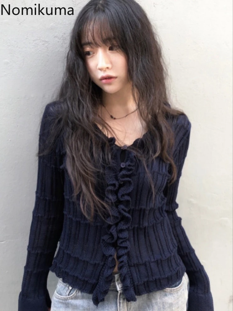 Korean Sueter Mujer Sweet Knitwear Cropped Cardigan Coat Folds Flare Sleeve Pull Femme Sweet Ruffles Vintage Knit Sweater 49D584 
Korean Sueter Mujer Sweet Knitwear Cropped Cardigan Coat Folds Flare Sleeve Pull Femme Sweet Ruffles Vintage Knit Sweater 49D584