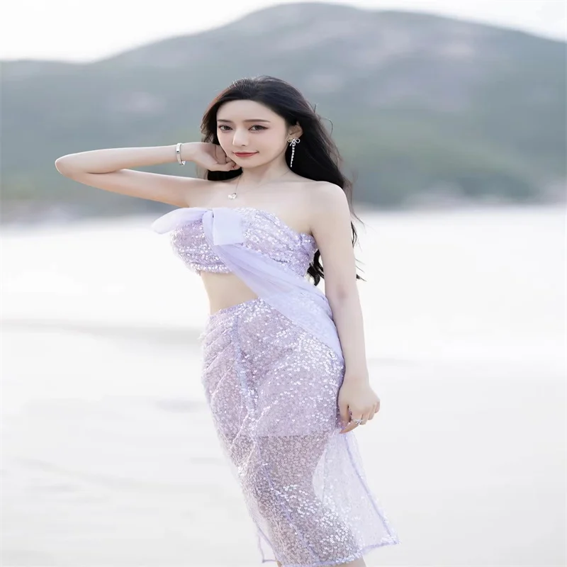 Sexy Swimsuit Purple Sequin Strapless Split Skirt Suitable For Slimming Beach Vacation Beach Skirt
Sexy Swimsuit Purple Sequin Strapless Split Skirt Suitable For Slimming Beach Vacation Beach Skirt