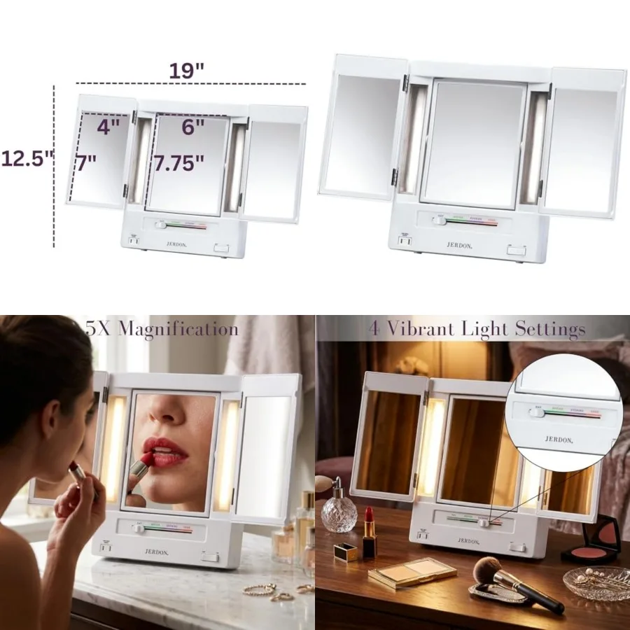 Tri-Fold Two-Sided Makeup Mirror with Lights - Vanity Mirror with 5X Magnification and Multiple Light Settings - White Base - M
Tri-Fold Two-Sided Makeup Mirror with Lights - Vanity Mirror with 5X Magnification and Multiple Light Settings - White Base - M