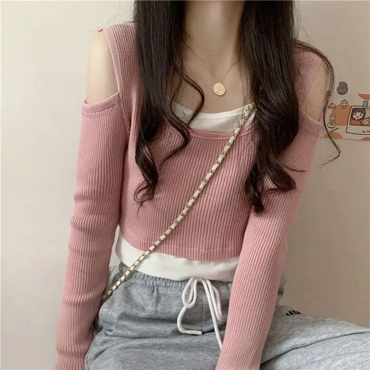 Vintage Fake Two-piece T-shirt Long Sleeve Off Shoulder Black Tops Knit Slim Sweater Women Autumn Sexy Female Tee E979
Vintage Fake Two-piece T-shirt Long Sleeve Off Shoulder Black Tops Knit Slim Sweater Women Autumn Sexy Female Tee E979
