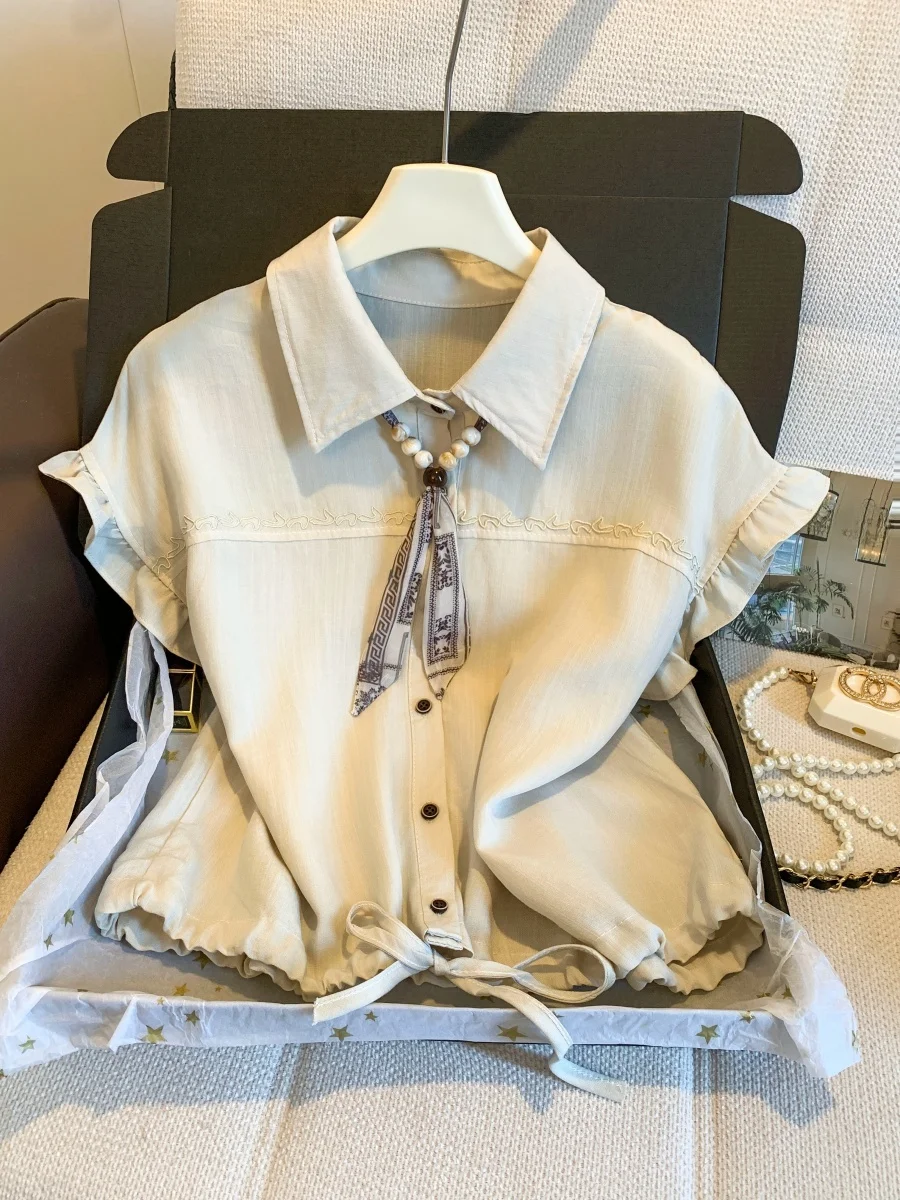 Khaki Color Collar Silk Scarf Shirt Women Summer New Unique Attractively Thin Drawstring Button Fly Sleeve Top
Khaki Color Collar Silk Scarf Shirt Women Summer New Unique Attractively Thin Drawstring Button Fly Sleeve Top
