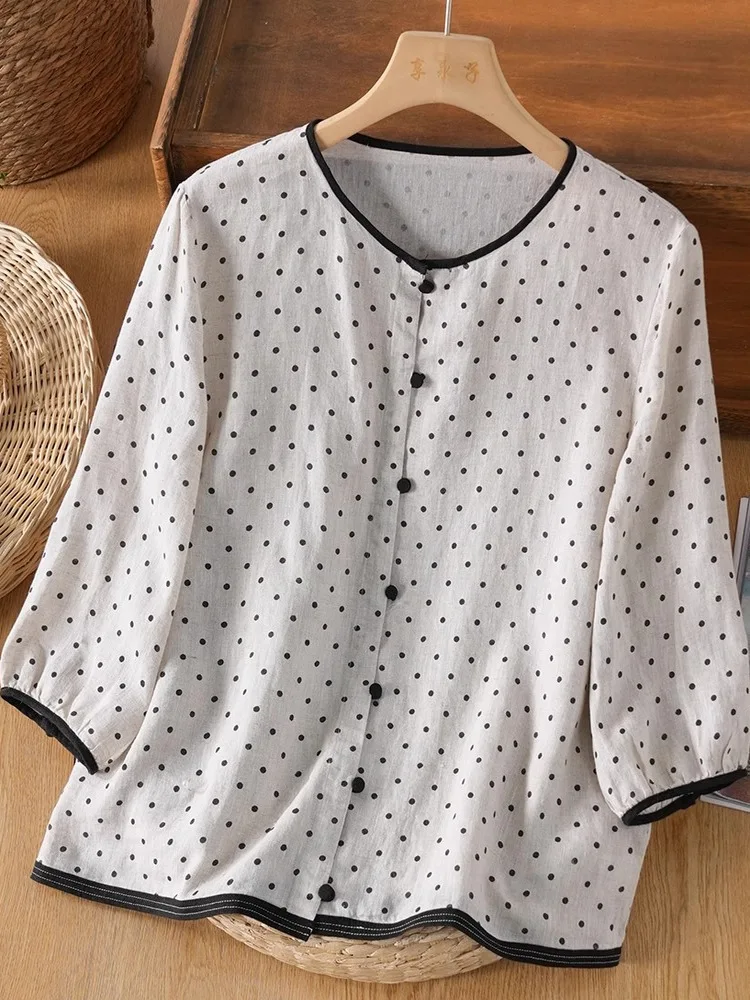 Retro Loose Design Women's T-shirt Cotton Linen Polka Dot 7 Sleeve Artistic Large Size Casual Wear Daily round Neck Button up
Retro Loose Design Women's T-shirt Cotton Linen Polka Dot 7 Sleeve Artistic Large Size Casual Wear Daily round Neck Button up