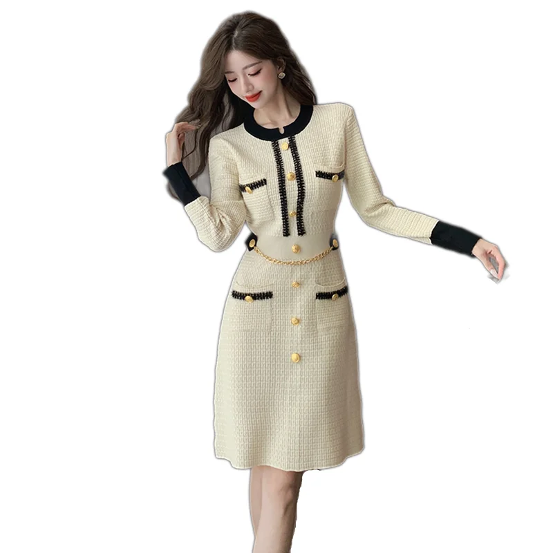 2024 New Autumn Winter Women Long Sleeve Slim Base Dress High Quality Fashion Contrast Color Patchwork Chain Knitted Dress
2024 New Autumn Winter Women Long Sleeve Slim Base Dress High Quality Fashion Contrast Color Patchwork Chain Knitted Dress