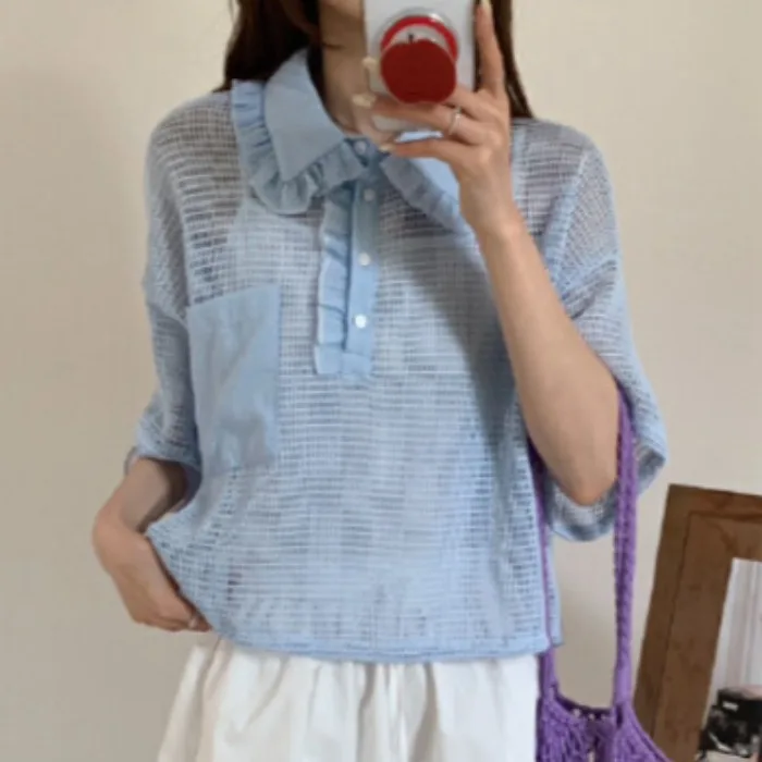 Summer New Korean Style Hollow out Lace Ear Short Sleeve Baby Doll Collar Top Women's Shirt Match with Vest Age Defying
Summer New Korean Style Hollow out Lace Ear Short Sleeve Baby Doll Collar Top Women's Shirt Match with Vest Age Defying