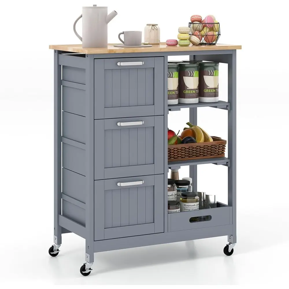 Grey Rolling Kitchen Island Cart with Rubber Wood Top, 3 Drawers, 2 Shelves, Removable Tray, Lockable Casters
Grey Rolling Kitchen Island Cart with Rubber Wood Top, 3 Drawers, 2 Shelves, Removable Tray, Lockable Casters