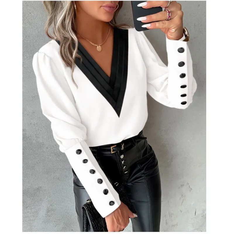 Elegant Women's Shirt Autumn 2025 New Fashion V-neck Pullover Solid Color Contrasting Loose Long Sleeved Button Women's blouses
Elegant Women's Shirt Autumn 2025 New Fashion V-neck Pullover Solid Color Contrasting Loose Long Sleeved Button Women's blouses