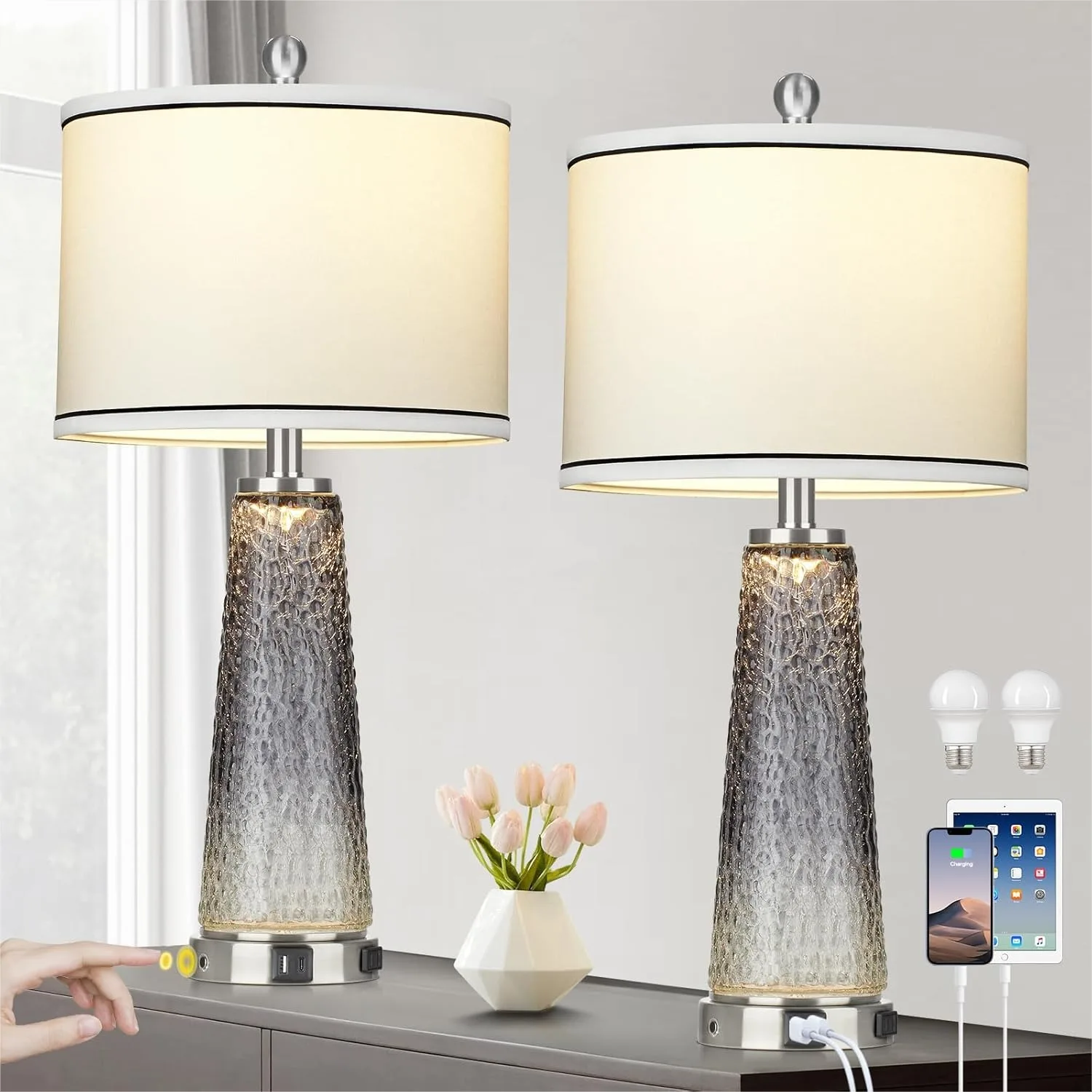 Glass Table Lamp Set of 2, 26" Modern Touch Control Lamps with USB-C & AC Outlet, LED Night Light for Bedroom Living Room, Black
Glass Table Lamp Set of 2, 26" Modern Touch Control Lamps with USB-C & AC Outlet, LED Night Light for Bedroom Living Room, Black