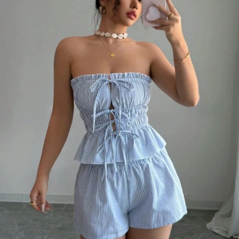 Striped Ruffled Crop Top+Shorts Two-piece Summer Women's Casual Lace-up Tube Top Elastic Waist Shorts Set Conjuntos Femininos
Striped Ruffled Crop Top+Shorts Two-piece Summer Women's Casual Lace-up Tube Top Elastic Waist Shorts Set Conjuntos Femininos