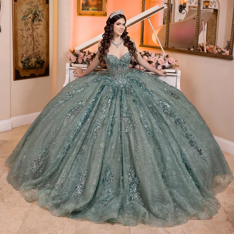 Blackish Green Sparkly Ball Gown Quinceanera Dresses Lace Up Off the Shoulder Sequin Applique Lace Beads Crystal Tull Corset Ves
Blackish Green Sparkly Ball Gown Quinceanera Dresses Lace Up Off the Shoulder Sequin Applique Lace Beads Crystal Tull Corset Ves
