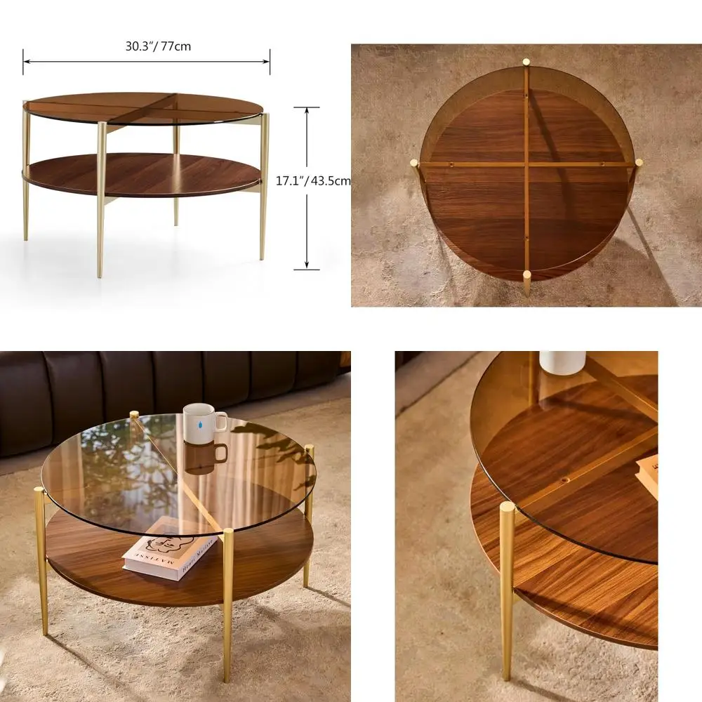 Круглый двухуровневый журнальный столик в стиле Mid-Century Modern со стеклянной столешницей янтарного цвета и полкой из орехового дерева, на золотых металлических ножках
Круглый двухуровневый журнальный столик в стиле Mid-Century Modern со стеклянной столешницей янтарного цвета и полкой из орехового дерева, на золотых металлических ножках