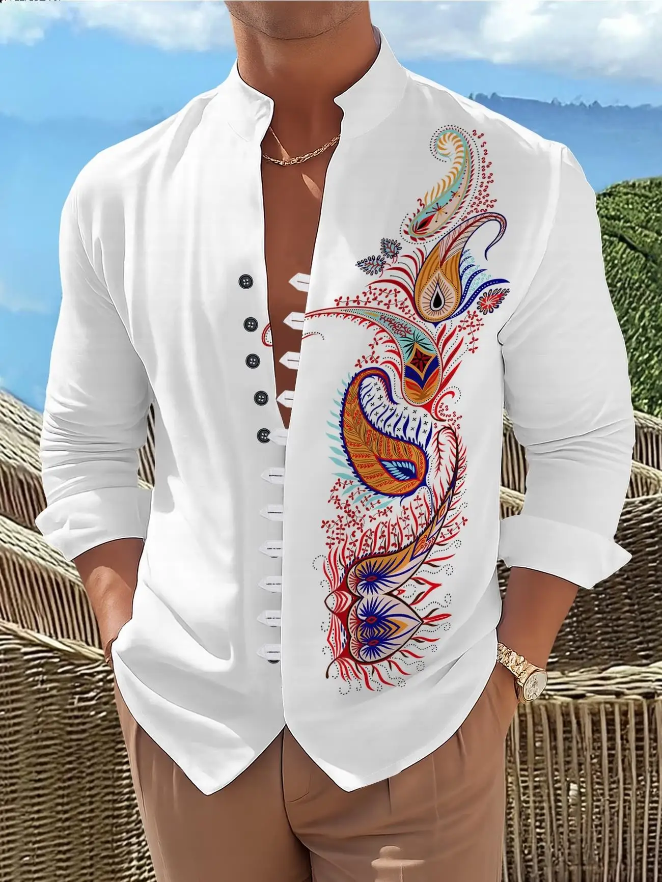 New Paisley Phoenix Print men's Long Sleeved Shirt With Stand Up Collar And Buckle Ethnic Style Shirt Clothing
New Paisley Phoenix Print men's Long Sleeved Shirt With Stand Up Collar And Buckle Ethnic Style Shirt Clothing