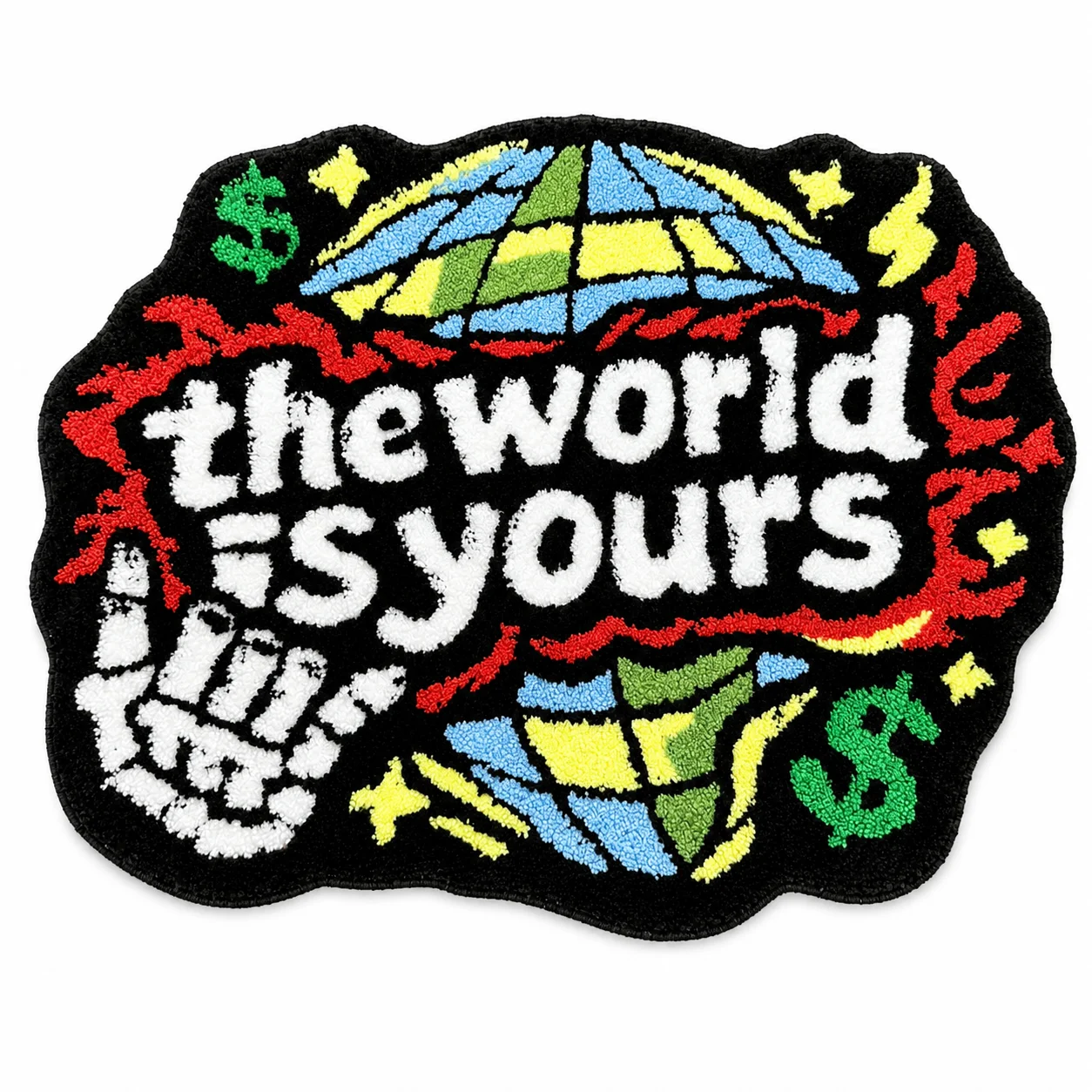 Vintage Globe Skull Hand Shaped Tufted Carpet, The World Is Yours Letter Rug with Money Symbol for Indoor Decor Flocking
Vintage Globe Skull Hand Shaped Tufted Carpet, The World Is Yours Letter Rug with Money Symbol for Indoor Decor Flocking