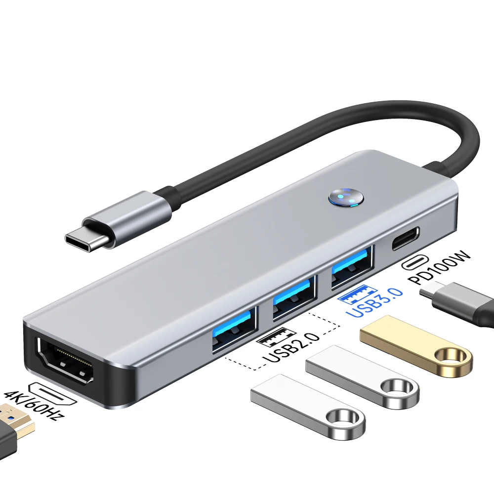 5 in 1 USB C Hub 4K@60Hz HDMI Adapter with 3 USB a Ports 100W PD Port Type C Multiport Splitter for Laptop PC Desktop iPad pro
5 in 1 USB C Hub 4K@60Hz HDMI Adapter with 3 USB a Ports 100W PD Port Type C Multiport Splitter for Laptop PC Desktop iPad pro