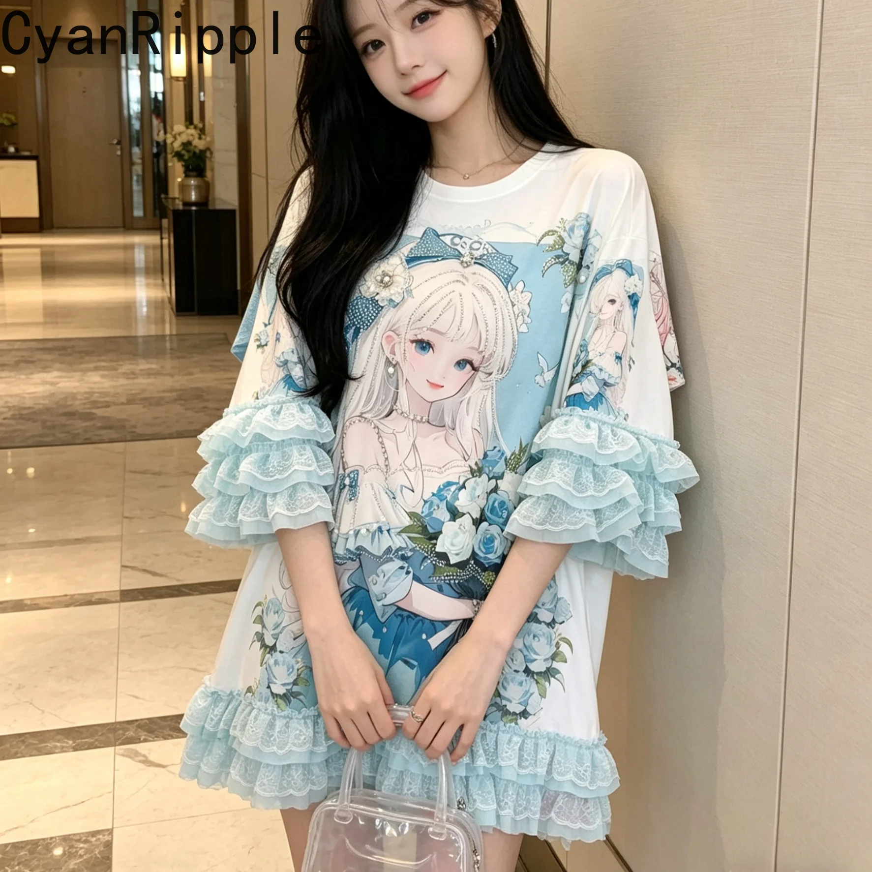 Age Reduction Summer Women T-shirt Oversize Round Neck Pullover Top Sweet Cartoon Printed Elegant Lace Sleeve Princess Dress
Age Reduction Summer Women T-shirt Oversize Round Neck Pullover Top Sweet Cartoon Printed Elegant Lace Sleeve Princess Dress