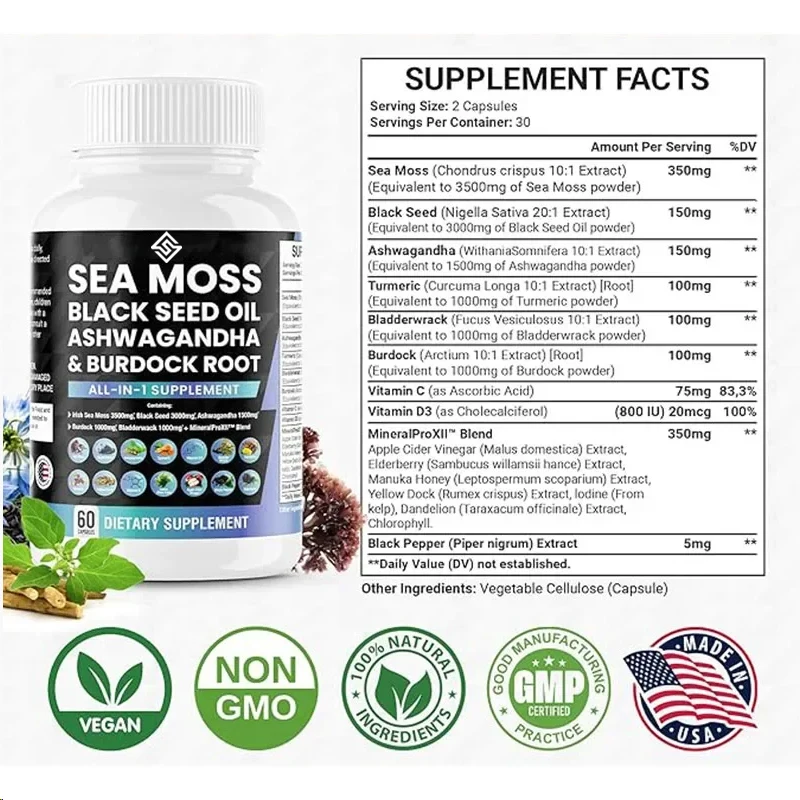 Sea Moss Black Seed Oil South African Drunken Eggplant Turmeric Bladder Burdock, Vitamin C And D3
Sea Moss Black Seed Oil South African Drunken Eggplant Turmeric Bladder Burdock, Vitamin C And D3