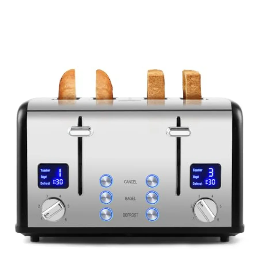 Тостер на 4 тоста с умным LED-дисплеем, из нержавеющей стали, черный, с широкими слотами, 6 уровней обжарки, функции для багелов/разморозки/отмены обжарки, 1650 Вт
Тостер на 4 тоста с умным LED-дисплеем, из нержавеющей стали, черный, с широкими слотами, 6 уровней обжарки, функции для багелов/разморозки/отмены обжарки, 1650 Вт