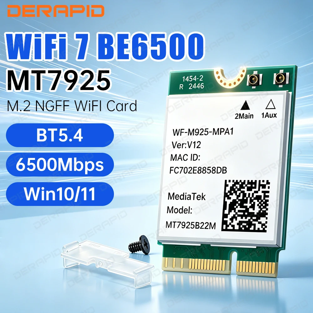 Адаптер MT7925 WiFi 7 M.2, 6500 Мбит/с, Bluetooth 5.4, сетевая карта 802.11be для Windows 10/11, лучше, чем AX210NGW, поддержка ноутбуков/ПК
Адаптер MT7925 WiFi 7 M.2, 6500 Мбит/с, Bluetooth 5.4, сетевая карта 802.11be для Windows 10/11, лучше, чем AX210NGW, поддержка ноутбуков/ПК