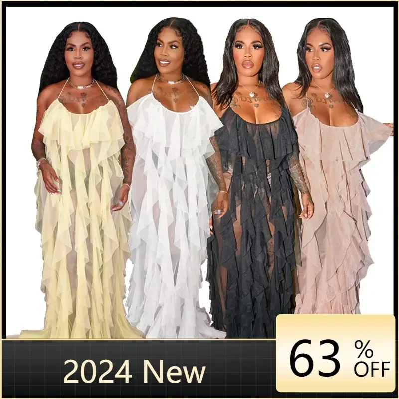 2024 Sexy Mesh Beach Maxi Dresses Women Spaghetti Strap Ruffle Robe Swimwear Summer New Fashion Backless Swimsuit Cover Up
2024 Sexy Mesh Beach Maxi Dresses Women Spaghetti Strap Ruffle Robe Swimwear Summer New Fashion Backless Swimsuit Cover Up