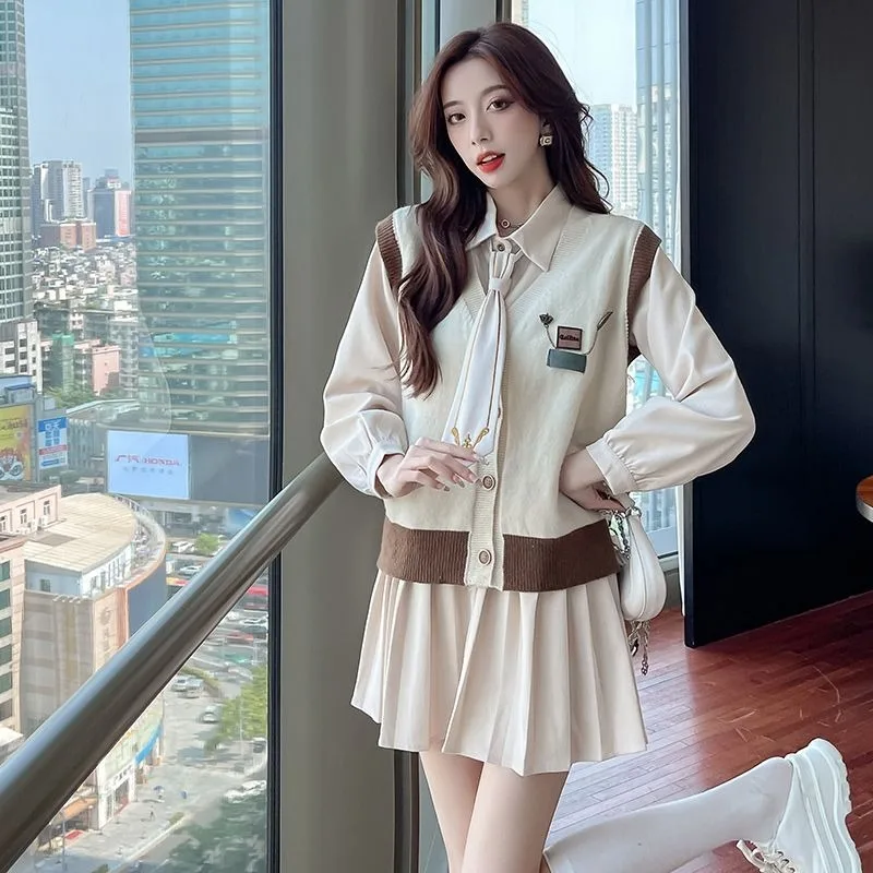 College Shirt Dress Knit Vest Two-piece Set Women Korean Temperament V-neck Splice Tie Fashion Sweet Loose Celebrity Autumn Suit
College Shirt Dress Knit Vest Two-piece Set Women Korean Temperament V-neck Splice Tie Fashion Sweet Loose Celebrity Autumn Suit