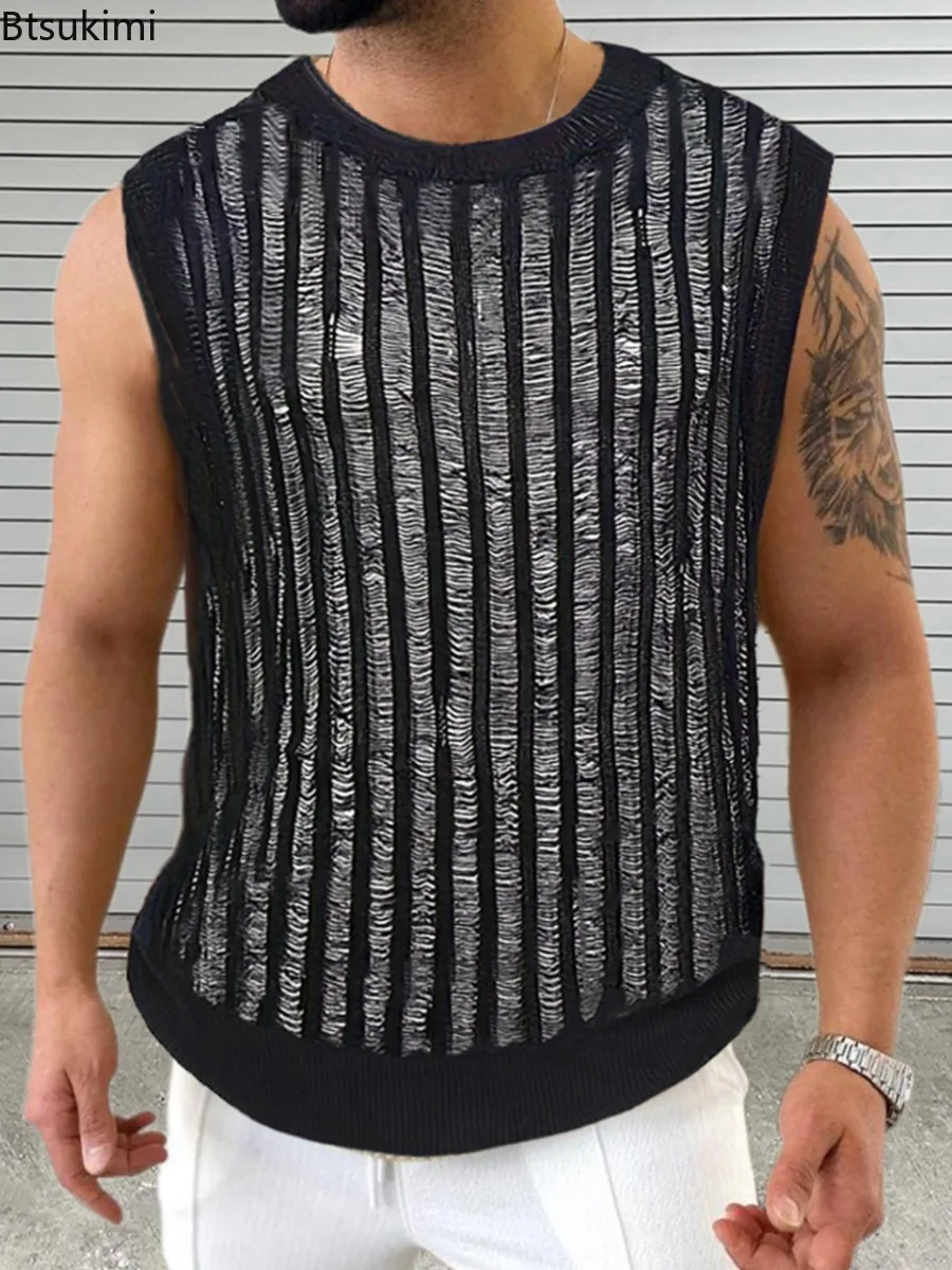 Summer New Men's Knitted Tank Tops Sexy Hollow Out O-neck Sleeveless Pullover Tops Black Thin Knitwear Vest Man Trend Streetwear
Summer New Men's Knitted Tank Tops Sexy Hollow Out O-neck Sleeveless Pullover Tops Black Thin Knitwear Vest Man Trend Streetwear