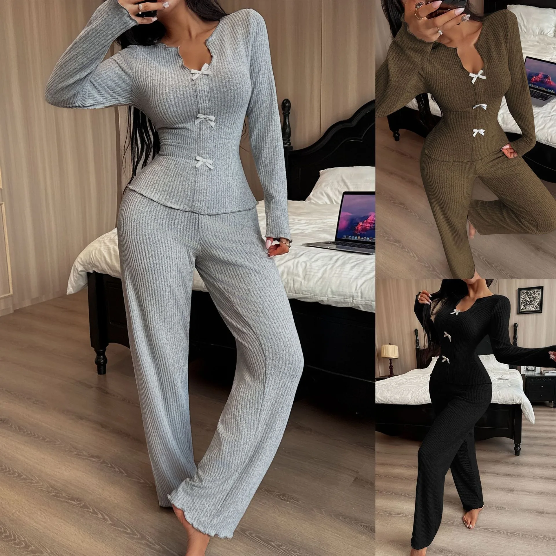 Women's V-neck knitted sweater with butterfly knot long-sleeved pants pajama set for autumn and winter home wear set 
Women's V-neck knitted sweater with butterfly knot long-sleeved pants pajama set for autumn and winter home wear set
