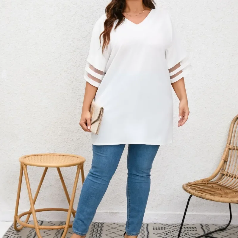 Plus Size New Women Loose V Neck Ladies Mesh Stitching 3/4 Sleeve Casual Holiday Blouse Female Blusas Tunic Shirts Tops
Plus Size New Women Loose V Neck Ladies Mesh Stitching 3/4 Sleeve Casual Holiday Blouse Female Blusas Tunic Shirts Tops