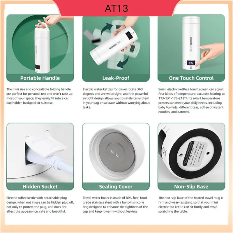 AT13 Travel Electric Kettle Portable Small Mini Tea Coffee Kettle Water Heater White With LCD US Plug
AT13 Travel Electric Kettle Portable Small Mini Tea Coffee Kettle Water Heater White With LCD US Plug