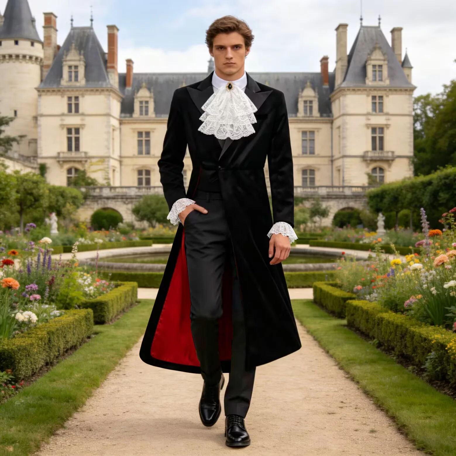 Men's Black Velvet Victorian Tailcoat with Lace Jabot - 18th Century Regency Aristocrat Costume for Wedding, Cosplay, and Formal
Men's Black Velvet Victorian Tailcoat with Lace Jabot - 18th Century Regency Aristocrat Costume for Wedding, Cosplay, and Formal