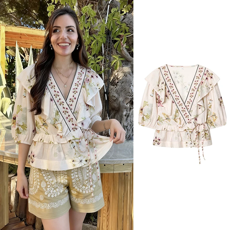 Женская блузка весна-осень 2026: модная, с V-образным вырезом, принтом, оборками, элегантная, с длинным рукавом и поясом
Женская блузка весна-осень 2026: модная, с V-образным вырезом, принтом, оборками, элегантная, с длинным рукавом и поясом