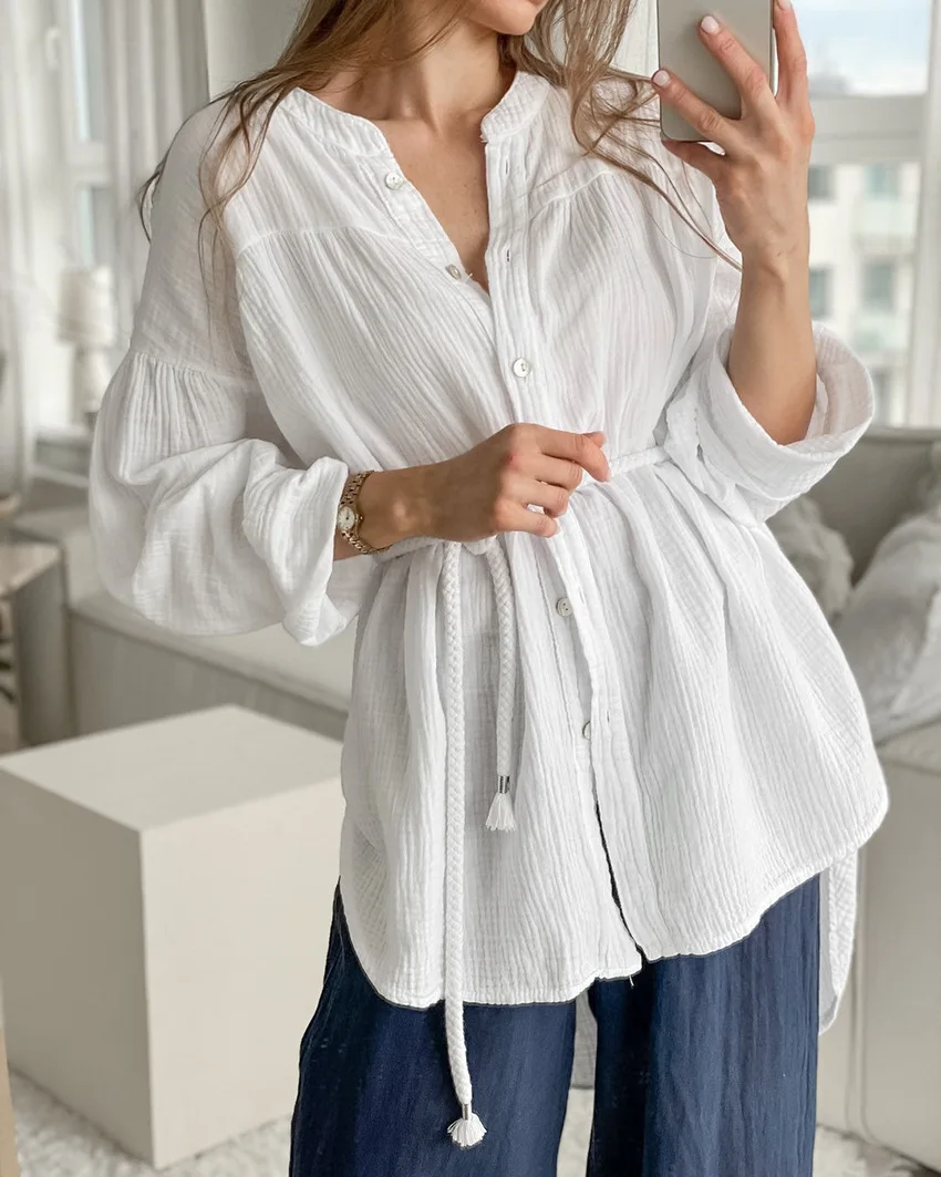 Jyate White Cotton Bubble Crepe Small Stand Collar Tie Long Sleeve Shirt 2025 Street Fashion Button Lace Up Waist Women's Tops
Jyate White Cotton Bubble Crepe Small Stand Collar Tie Long Sleeve Shirt 2025 Street Fashion Button Lace Up Waist Women's Tops