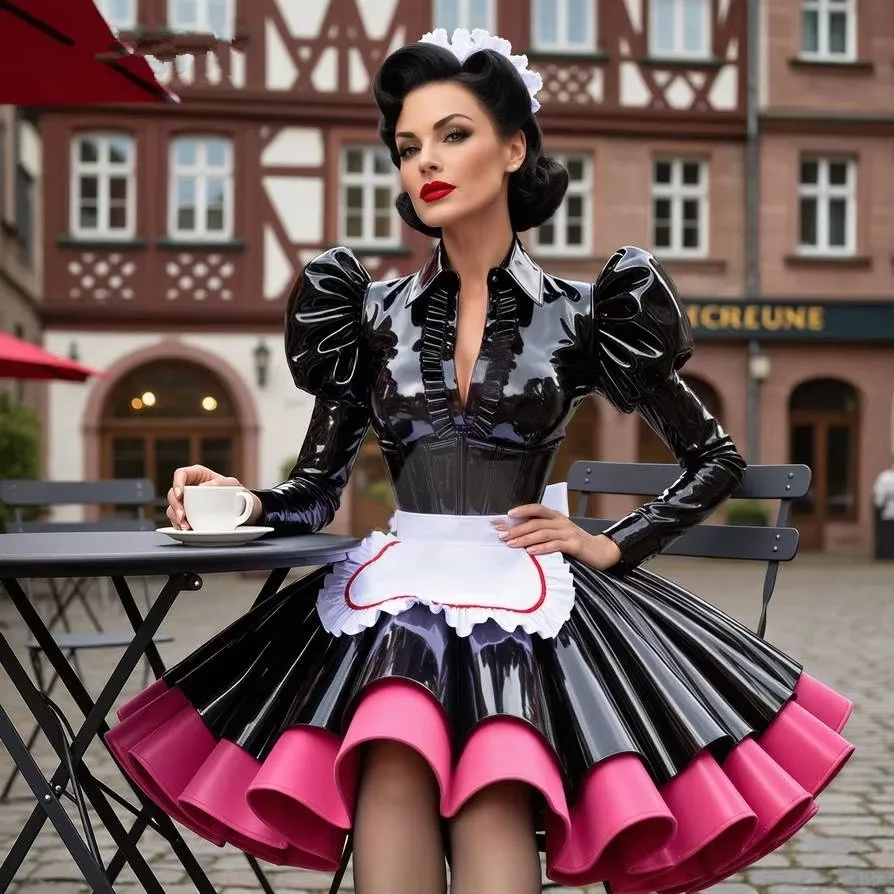 Shiny Black Fuchsia Short Prom Dress Vintage Gothic Cosplay Costume Knee Length Maid Halloween Party evening Wear Customized
Shiny Black Fuchsia Short Prom Dress Vintage Gothic Cosplay Costume Knee Length Maid Halloween Party evening Wear Customized