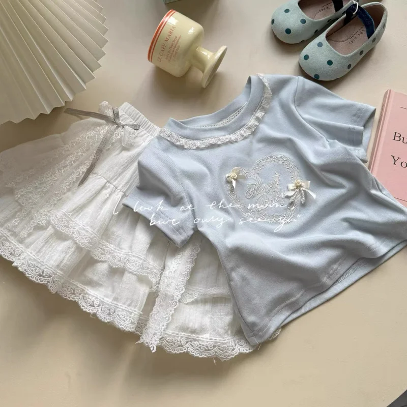 Chiffon Milk Blue Summer New Blue Embroidered HeartTT-shirt+Lace Half Skirt Two-Piece Set 
Chiffon Milk Blue Summer New Blue Embroidered HeartTT-shirt+Lace Half Skirt Two-Piece Set