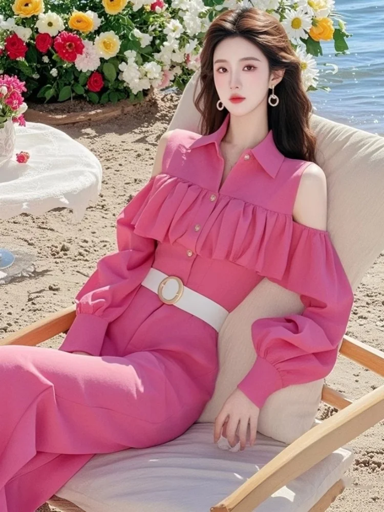 Office Lady Rose Pink Off Shoulder Ruffles Jumpsuit Wide Leg Pant Polo Collar Button Up Jumpsuits Women Frence Elegant Spring
Office Lady Rose Pink Off Shoulder Ruffles Jumpsuit Wide Leg Pant Polo Collar Button Up Jumpsuits Women Frence Elegant Spring