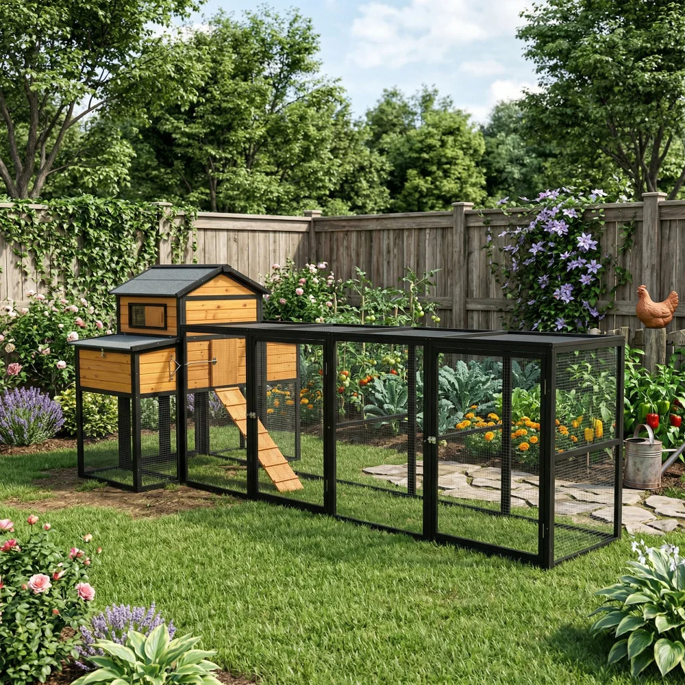 150" Black Large Wooden Chicken Coop Outdoor Hen House, Pull-Out Tray, Sliding Door, Predator-Proof Wire Mesh for 4-6 Chicken
150" Black Large Wooden Chicken Coop Outdoor Hen House, Pull-Out Tray, Sliding Door, Predator-Proof Wire Mesh for 4-6 Chicken