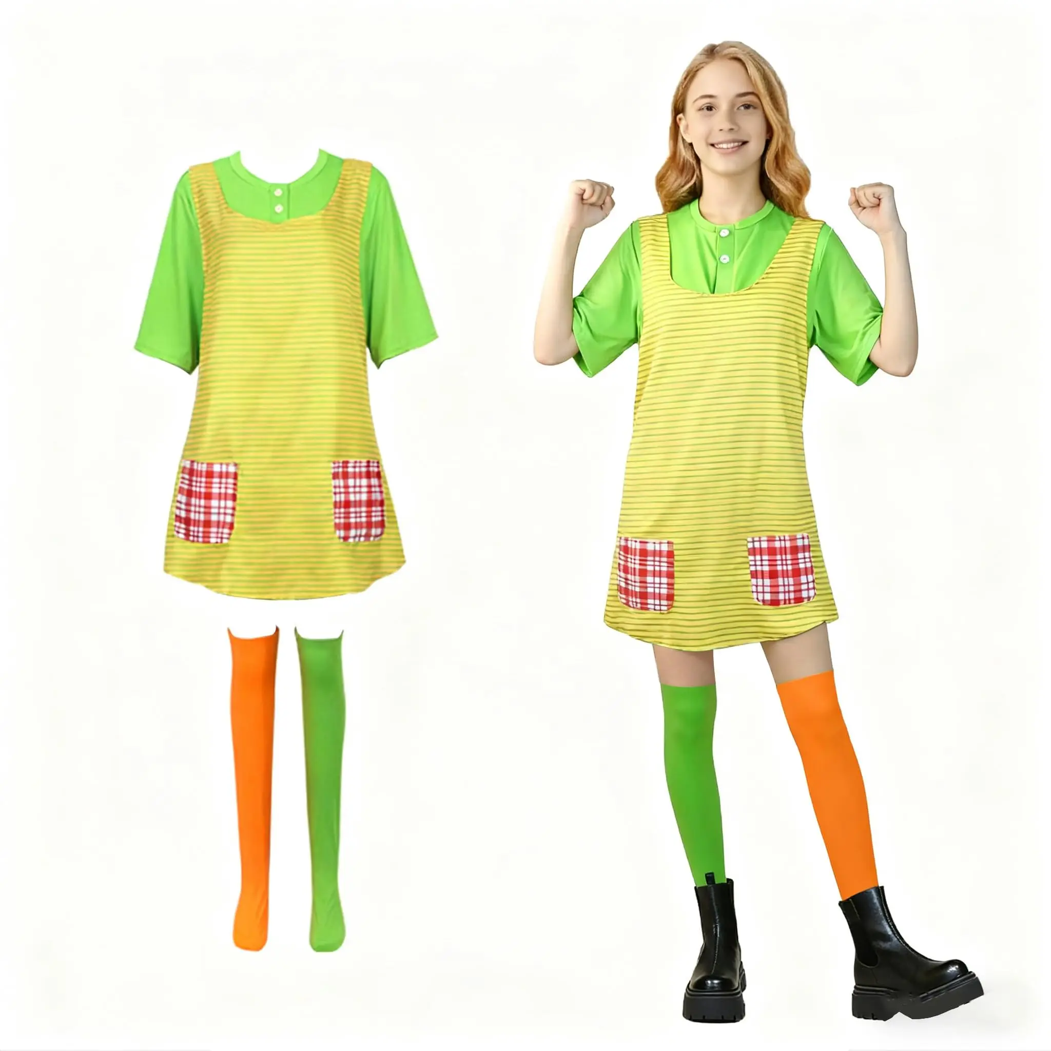 Women Longstocking Pippi Costume T-Shirt Apron and Stockings Set Halloween Longstocking Cosplay Costume Outfit For Girls
Women Longstocking Pippi Costume T-Shirt Apron and Stockings Set Halloween Longstocking Cosplay Costume Outfit For Girls
