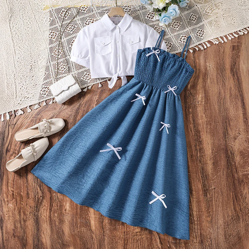 Tow Pieces Suit Dress For Girls White Turn Down Collar Short Sleeve Top & Blue Bow Print Sling Dress 8-12 Years Kids Daily Set
Tow Pieces Suit Dress For Girls White Turn Down Collar Short Sleeve Top & Blue Bow Print Sling Dress 8-12 Years Kids Daily Set