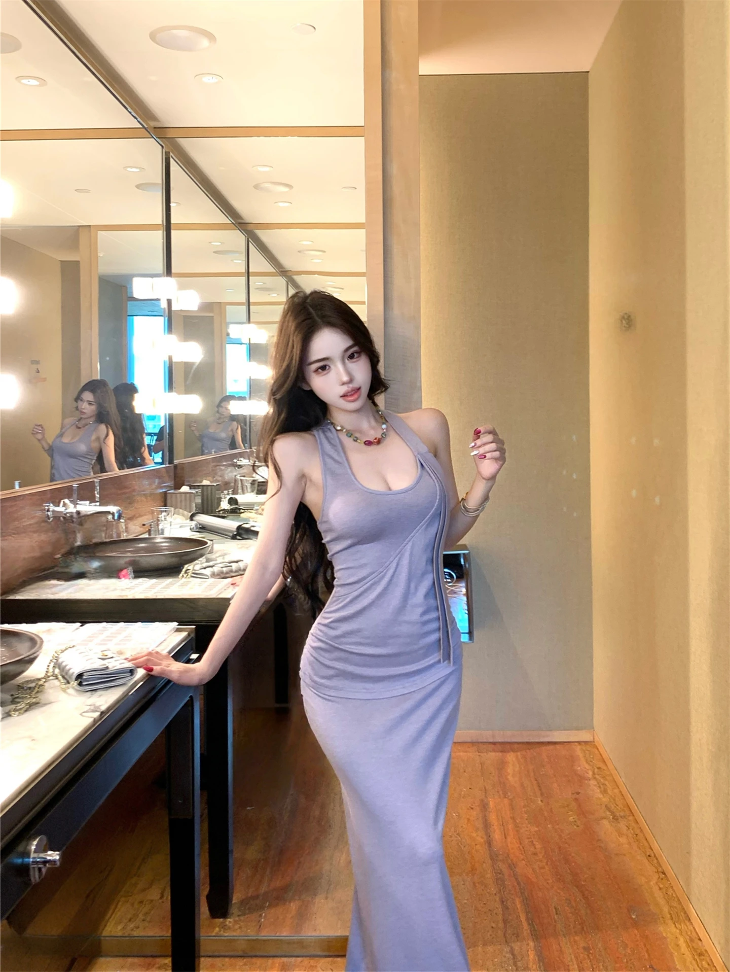 Sexy Pale Purple Neckline Dress Women's Fashion Slimming Long Dress Summer New Style Kumikumi City Commute A-Line Silhouette
Sexy Pale Purple Neckline Dress Women's Fashion Slimming Long Dress Summer New Style Kumikumi City Commute A-Line Silhouette