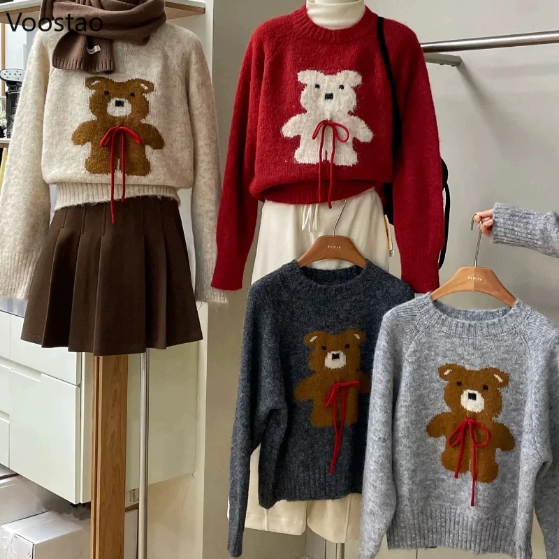 Sweet Christmas Red Knitted Pullovers Women Kawaii Cartoon Bear Jacquard Sweaters Tops Autumn Winter Casual Loose Knitwear Coat
Sweet Christmas Red Knitted Pullovers Women Kawaii Cartoon Bear Jacquard Sweaters Tops Autumn Winter Casual Loose Knitwear Coat