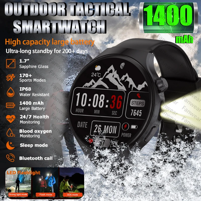 Outdoor tactical smart watch For men's 1400 mAh battery built-in outdoor flashlight 170+ sports mode Bluetooth call health watch
Outdoor tactical smart watch For men's 1400 mAh battery built-in outdoor flashlight 170+ sports mode Bluetooth call health watch